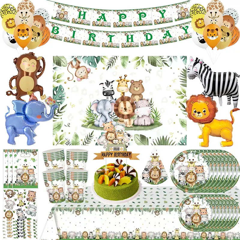 Dschungel-Themen Geburtstagsparty Dekoration Tiere Ballons Tischgeschirr Becher Teller Servietten Banner Hintergrund Wimpel Kinderparty Zubehör Image