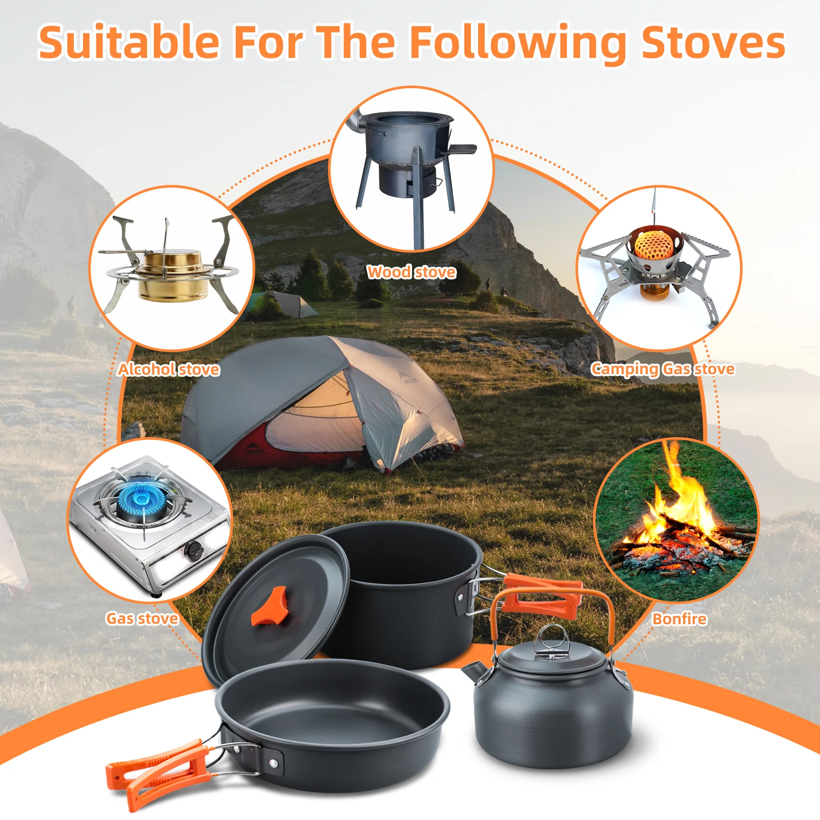 Ensemble de cuisine de camping, ensemble de batterie de cuisine de camping, 16 pièces, ensemble de casseroles et poêles de camping, ensemble de cuisine de camping emboîtable, mini batterie de cuisine