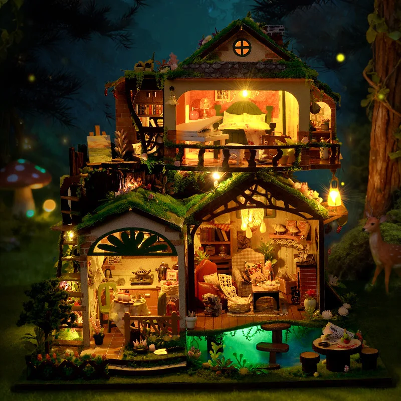 Bricolage maison de poupée en bois conte de fées forêt chalet Miniature avec Kit de meubles bricolage assembler jouet enfants adulte cadeau de noël Casa