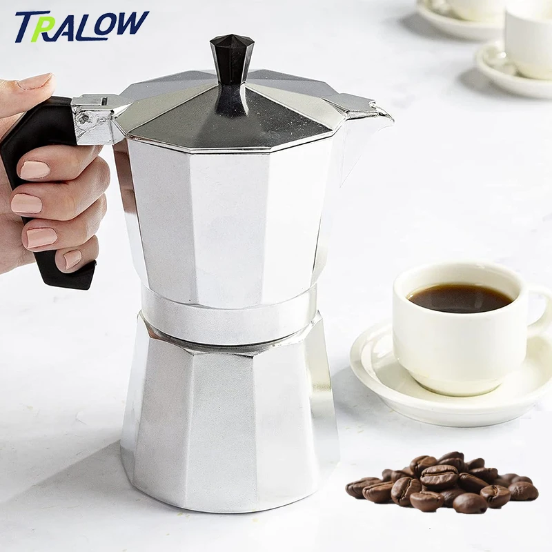 Cafetière à expresso italienne TRALOW, cafetière Moka octogonale en aluminium argenté pour la maison, le bureau et la préparation de café en extérieur