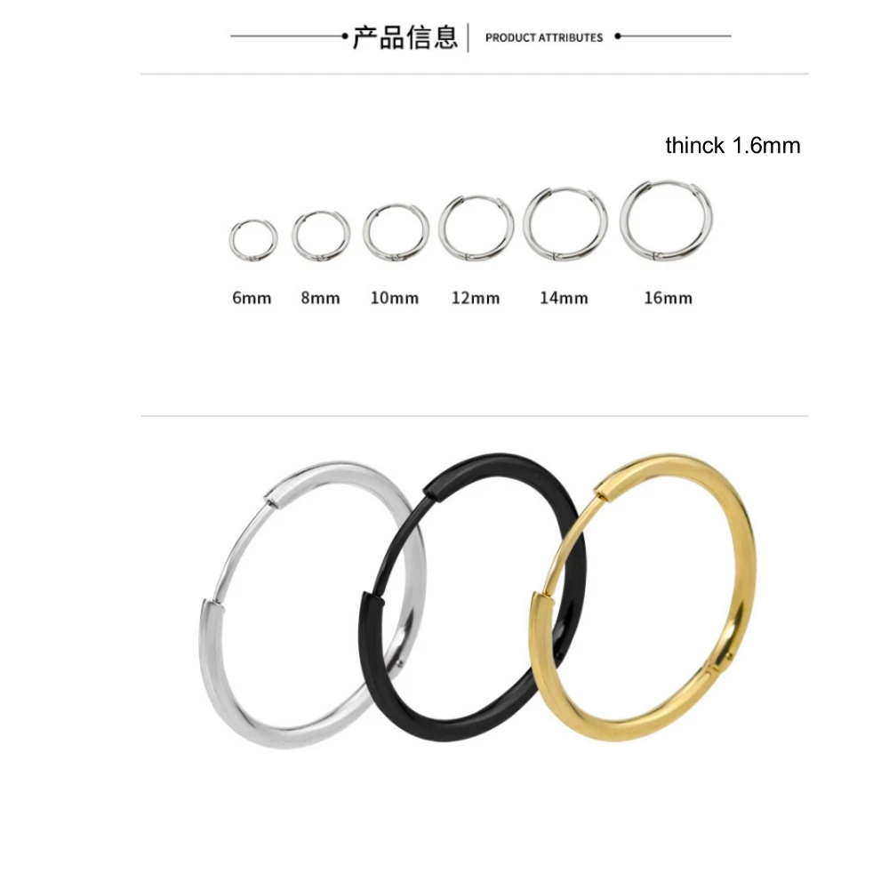 Von 6 bis 8 mm, Edelstahl 1,6 mm, klassische runde Creolen, schwarzer Stahl, goldfarbener Ohrring, IP-Beschichtung, kein Verblassen, allergiefrei Image