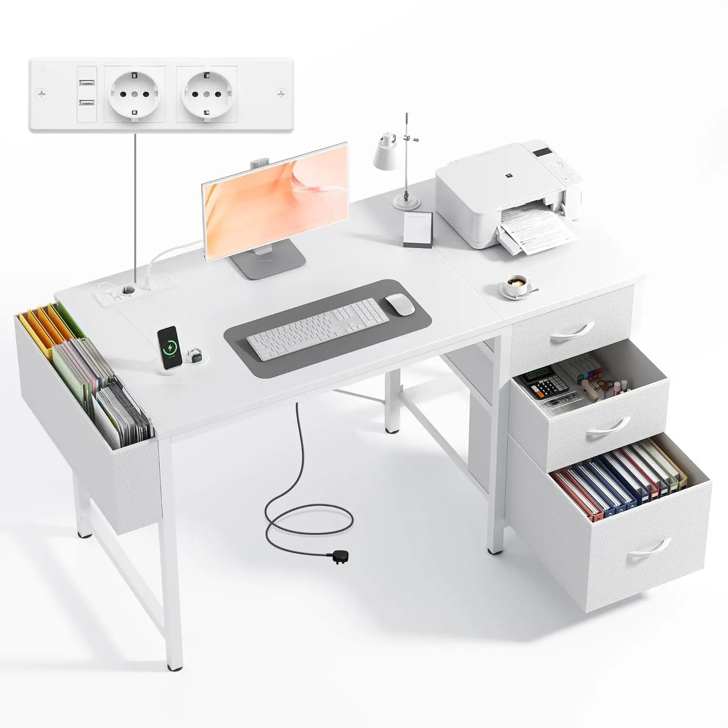 Kleiner Schreibtisch mit 3 Stoffschubladen, 120 x 60 cm, Computertisch mit 2 Steckdosen und USB-Anschlüssen, PC-Schreibtisch, Bürotisch für das Heimbüro Image