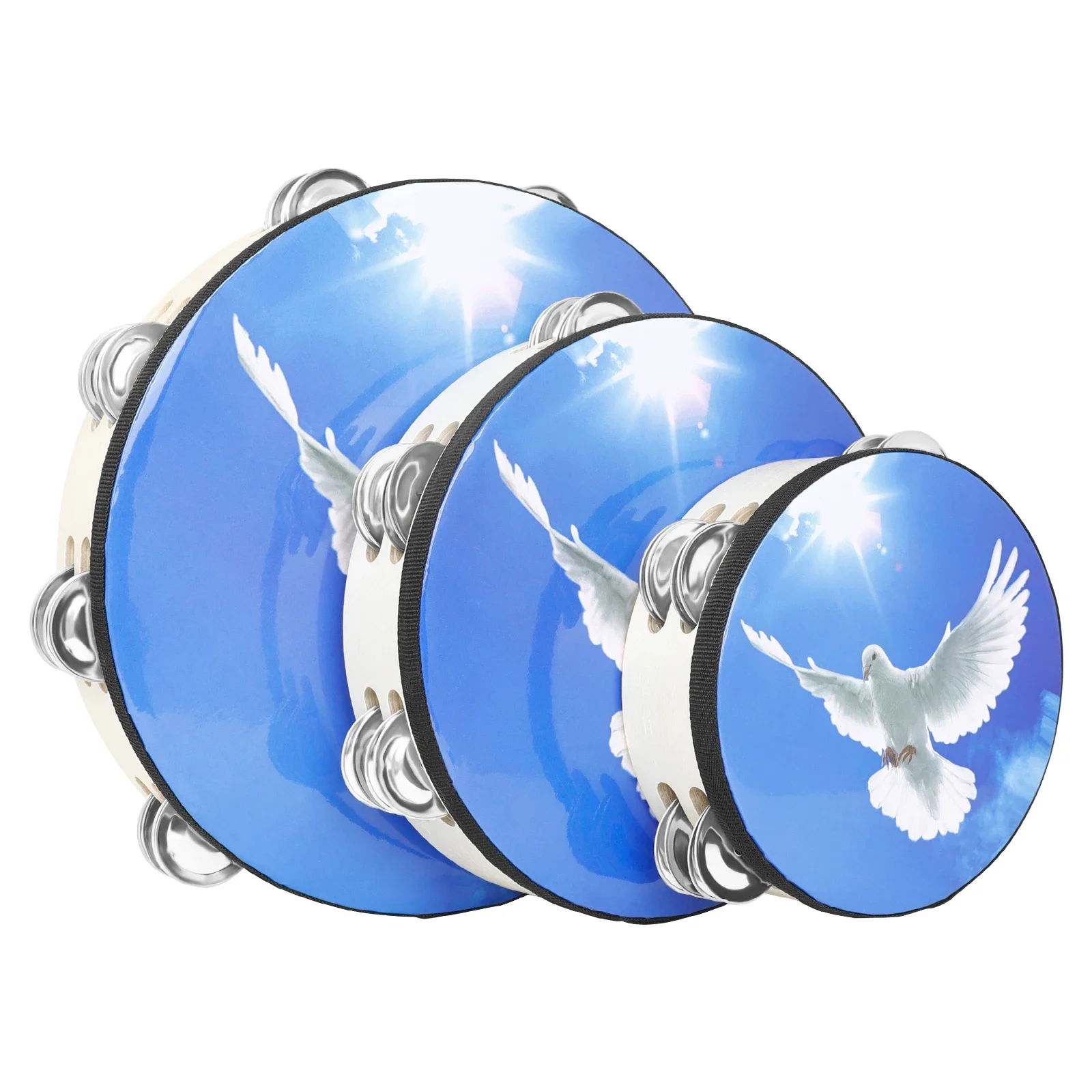 Orff-Tamburin, 6/8/10 Zoll, blauer Himmel, Friedenstaube, Doppeldecker-Tamburin-Set, geeignet für Anfänger, Geschenke, Percussion-Instrument Image