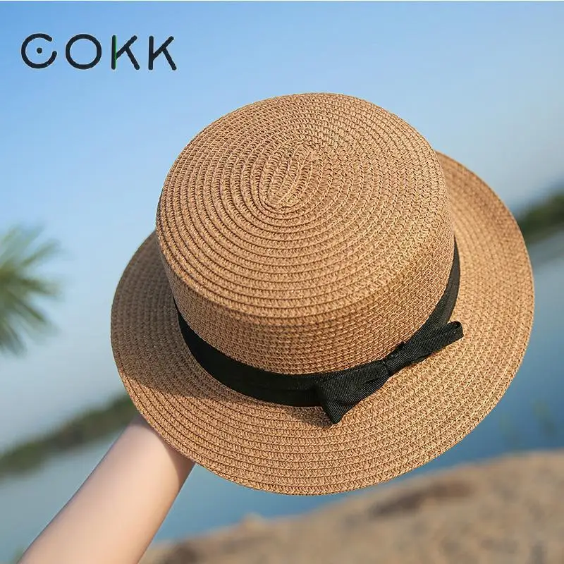 COOK Panama Einfache Sommer Strand Hut Weibliche Casual Dame Frauen Flache Krempe Bowknot Stroh Kappe Mädchen Sonnenhut Chapeu feminino Image