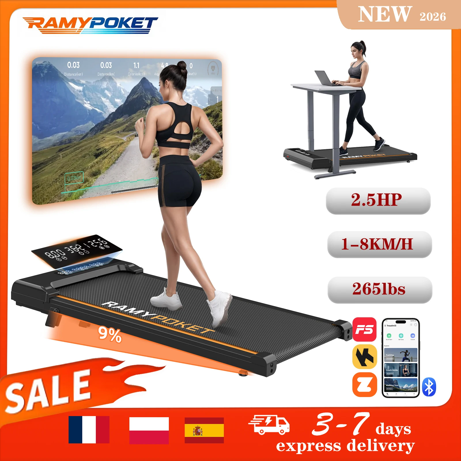 Ramypoket Walking Pad Laufband Für Zuhause mit Steigung bis 9% 8KM/H,APP,Doppelte Stoßdämpfung Laufband für Zuhause&Büro120KG Image