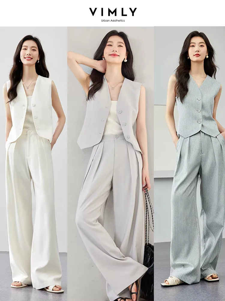 VIMLY Zweiteiliges Büro-Outfit für Damen, 2025, Sommer-Hosen-Sets, Leinenmischung, Damenanzüge, V-Ausschnitt, Weste + lange Hosen mit weitem Bein, M7357 Image