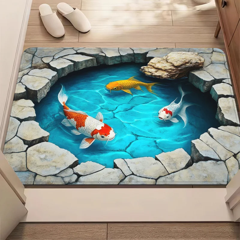 VIKAMA 3D Fantasy Teich-Karpfen-Fußmatte für Innen und Außen, Wasserabsorbierende Türmatte, Dekorative Bodenmatte für Wohnzimmer und Schlafzimmer Image