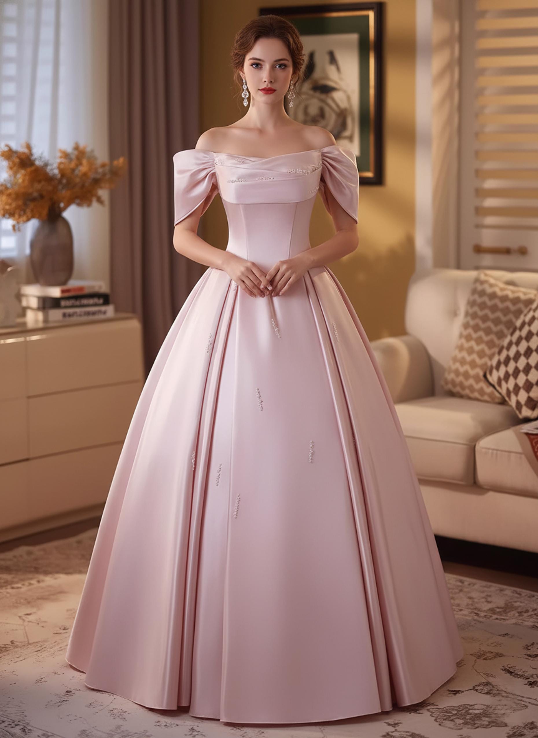 Abito da ballo in raso rosa da sogno, abito da ballo con spalle scoperte, abito da quinceañera rosa cipria, dolce abito da principessa, abito da sera