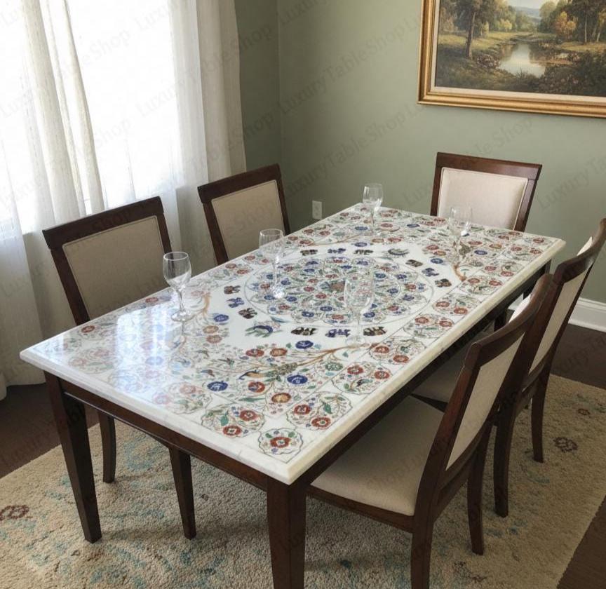 Tavolo da pranzo di lusso con intarsi in marmo / Intarsi in pietra floreale intricata / Tavolo rettangolare di lusso fatto a mano / Tavolo da pranzo r