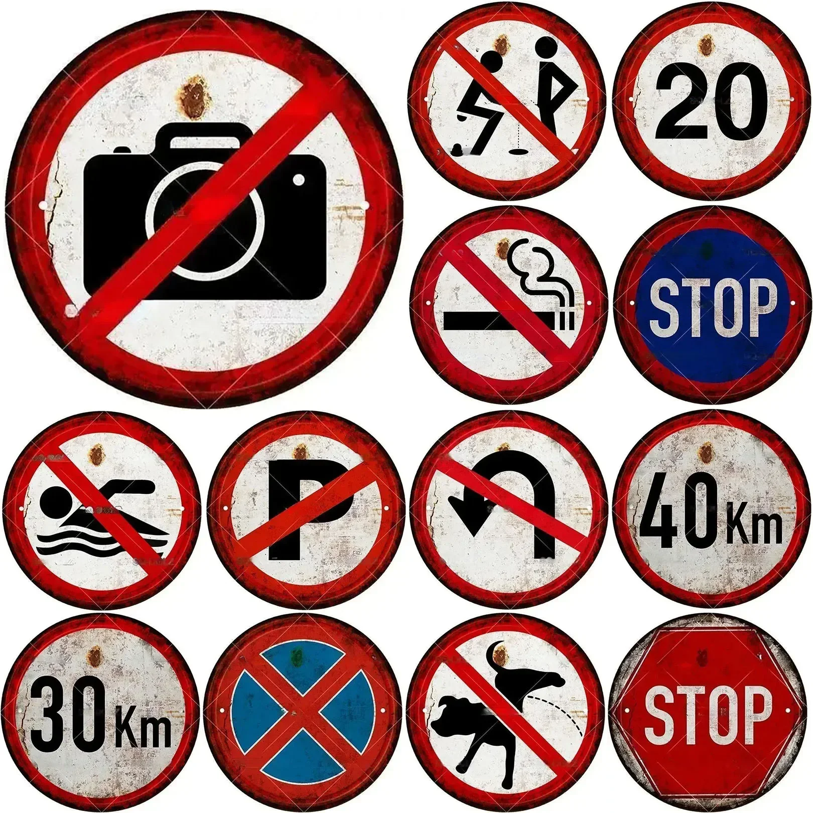 No Photo Stop Signs Round Plate Vintage Garden Public Park Wall Decor Outdoor Street Signage Prohibit Tin Sign Plaques