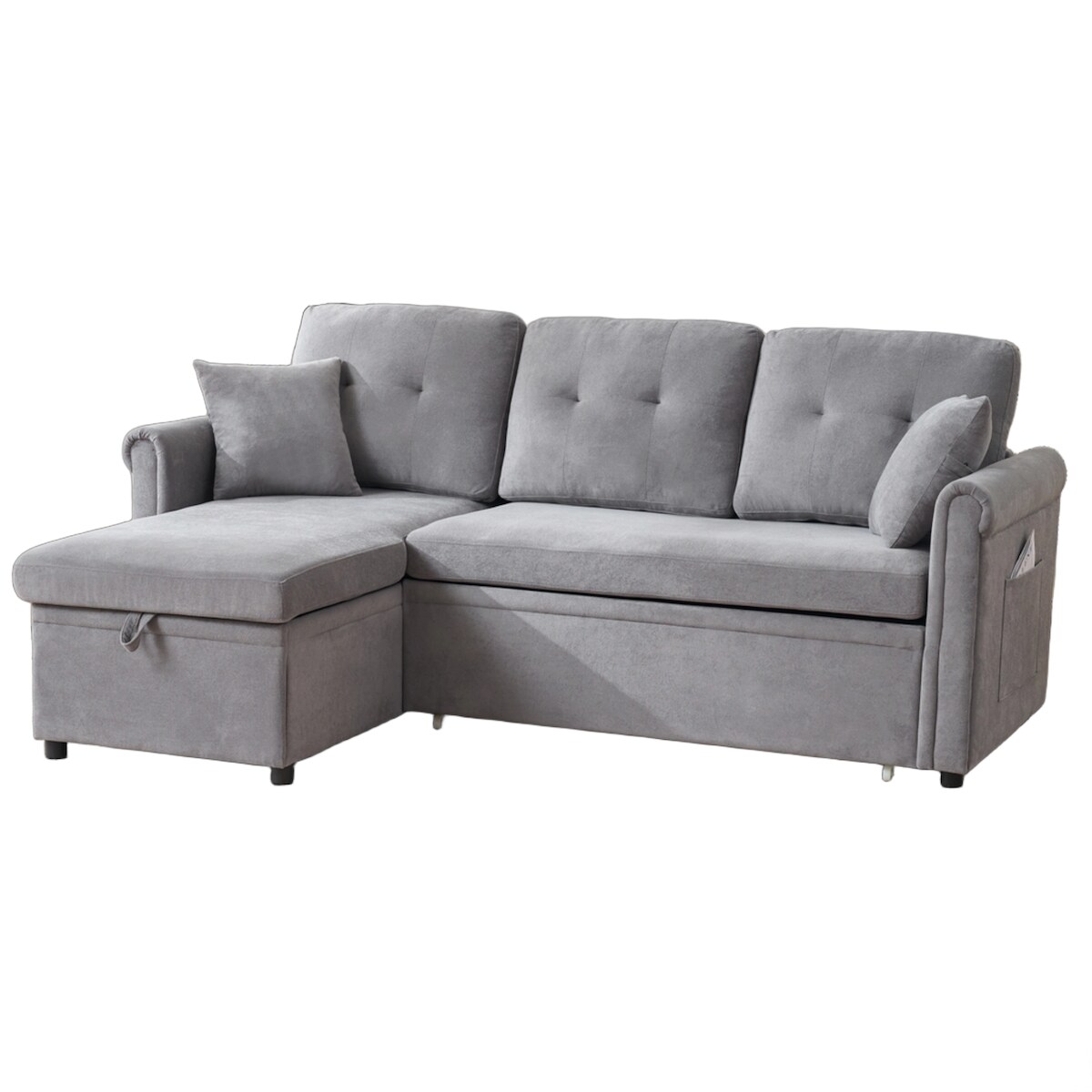OKWISH Ecksofa 206x130x85 cm mit Schlaffunktion, Bettkasten, Chaiselongue links/rechts montierbar, Chenille Stoff, Grau Image