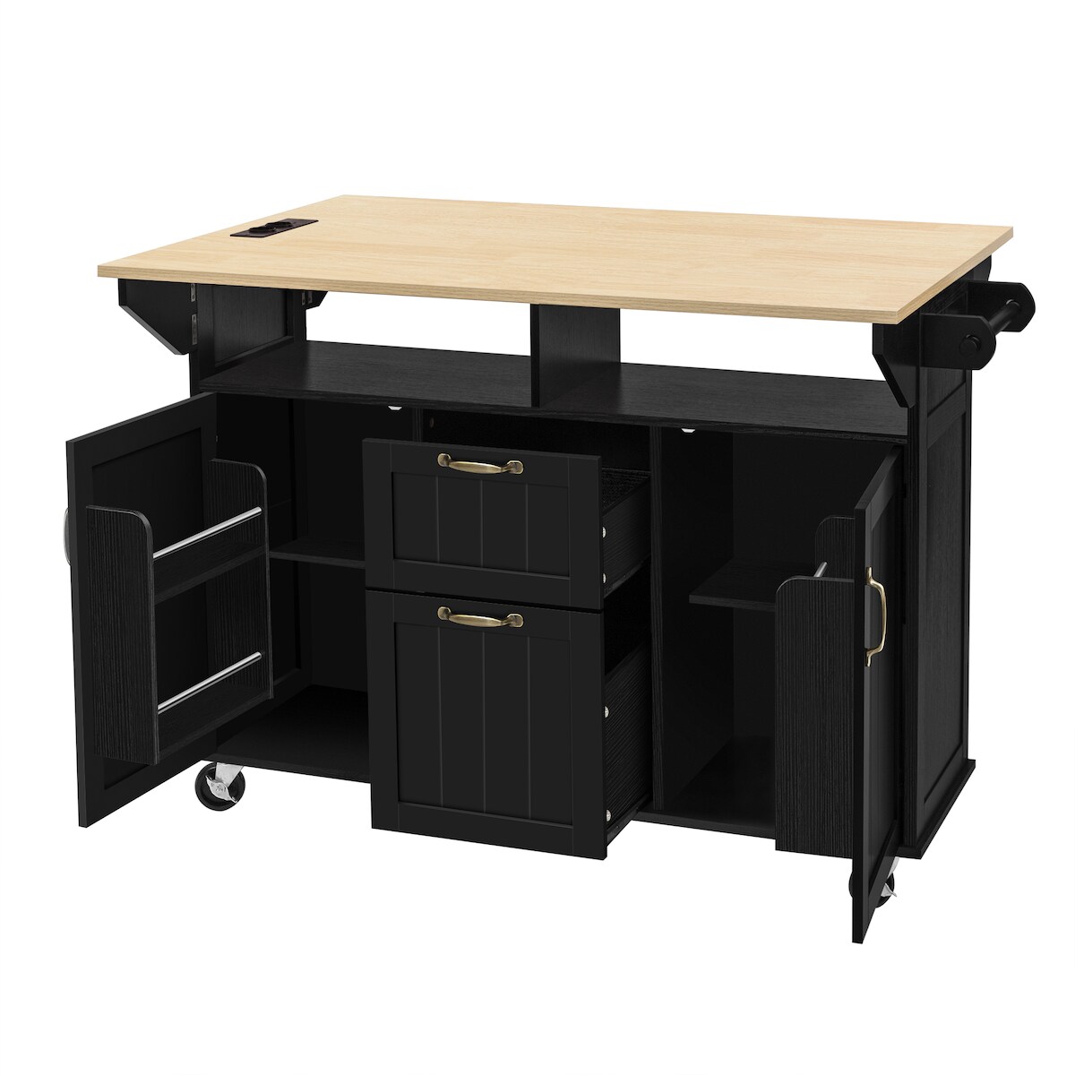 STILVORA Kücheninsel auf Rollen 120x80x92 cm mit klappbarer Tischplatte, Schubladen und Türen, Steckdosenleiste mit USB und Type-C-Anschlüssen, Schwarz+Natur Image