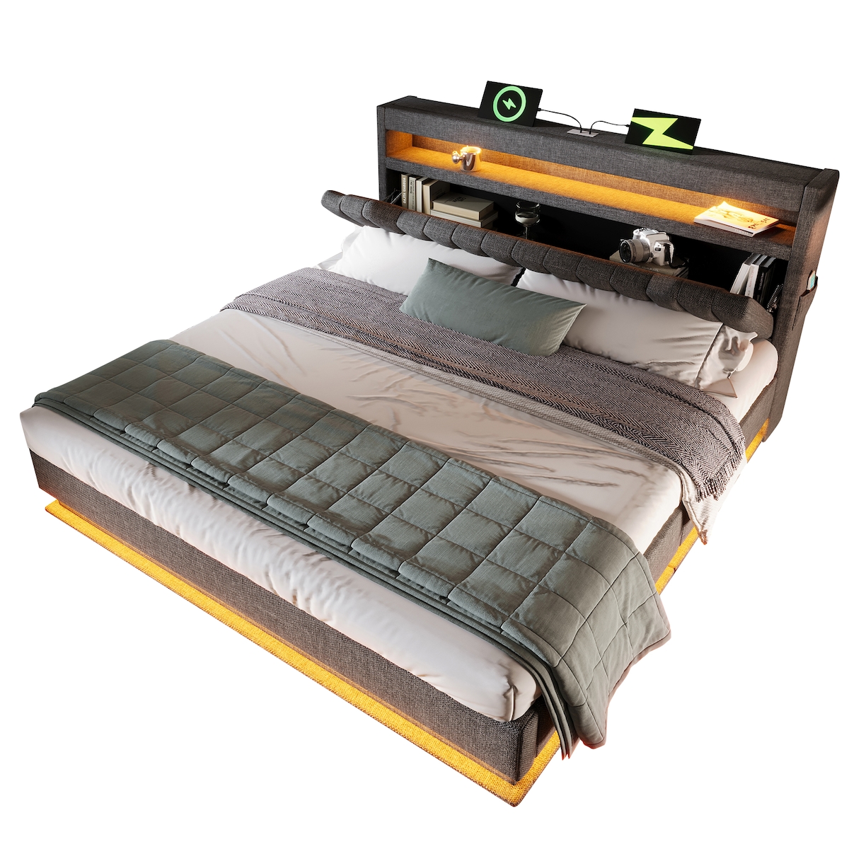 OKWISH Bett mit LED-Beleuchtung, Ladeanschlüssen und hydraulischem Stauraum 180x200 cm – Grau, stabiler Eisenrahmen, USB + Typ-C Image