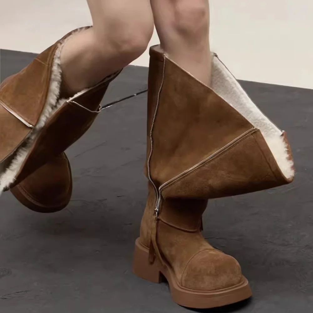 Cord-Wildleder-Oversize-Zehen-Kniehohe Stiefel, sexy runde Zehen, dicker Absatz, Neuheiten, modische Damenstiefel Image