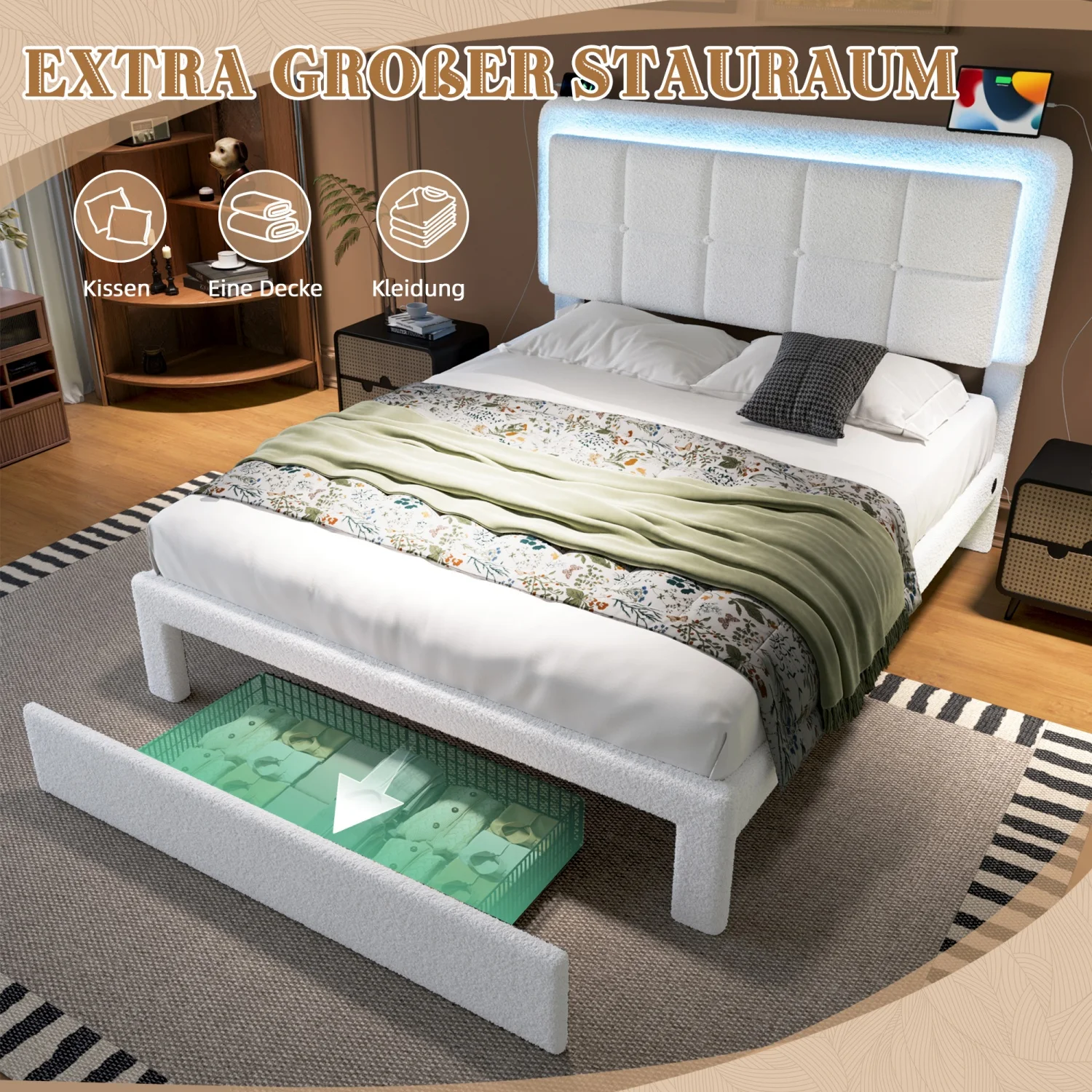 160 x 200 cm großes Polsterbett, verstellbares Kopfteil, Doppelbett mit einstellbarem Mood-LED-Beleuchtungsstreifen und großem Stauraum Image