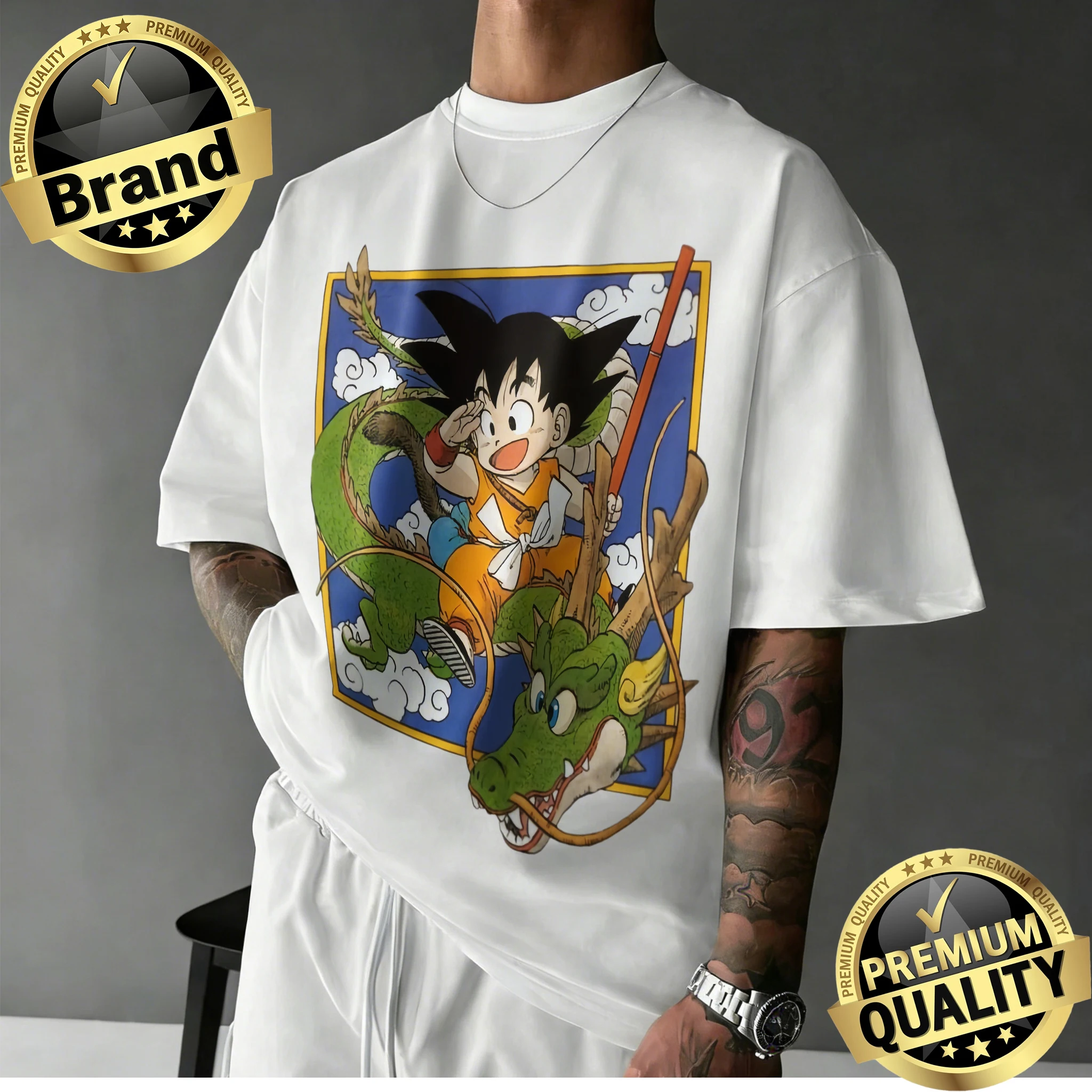 2026 Sommer Dragon Ball Oversized T-Shirt – Kid Goku & Shenron Nostalgie Retro Grafikdruck 100% Baumwolle Lässiges Familien-Loose-Fit-Shirt Image