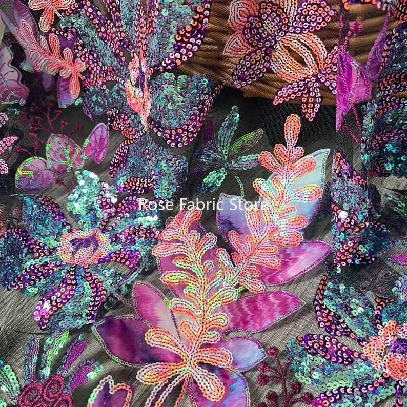 5 Farben Exquisiter Modischer Paillettenstoff, Pailletten-Blumen-Stickerei-Spitzenstoff für Partykleider, Abendroben, Kleidungsherstellung Image