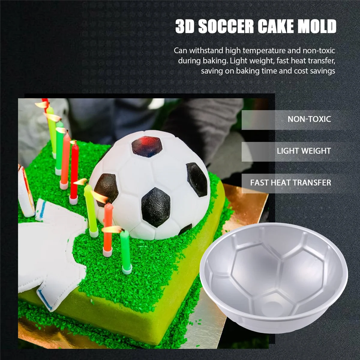 1 Stück 3D halbrunde kugelförmige Fußball-Kuchenform, 20,3 cm, verdickende Aluminiumlegierungsform, Geburtstags-Backform Image