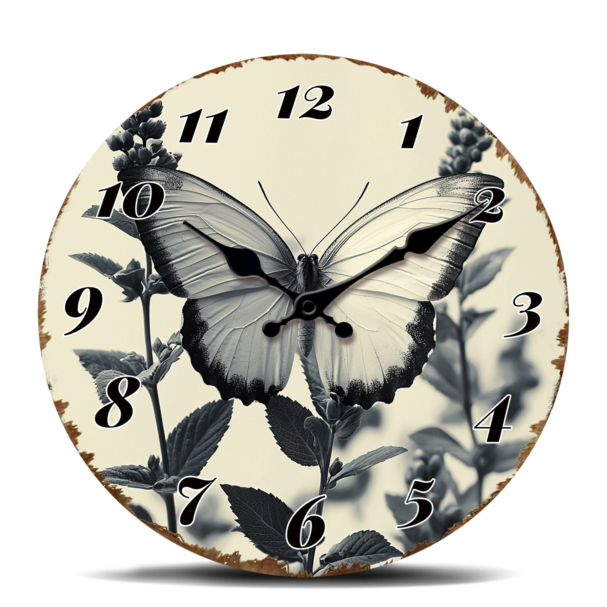 Wanduhr mit Schmetterling auf Pflanze, Schwarz-Weißes Vintage-Insekten-Design, Runde Zeituhr, Shabby Chic Heim- und Bürodekoration, Hängeuhr