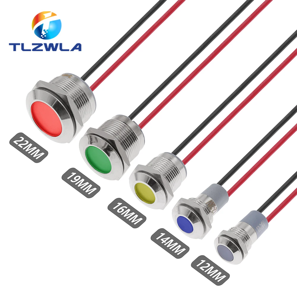 6mm 8mm 10mm 12mm 14mm 16mm 19mm 22mm Metall LED Warnanzeige Licht Wasserdicht IP65 Signallampe Pilot Drähte Schalter 3/12/24V Image