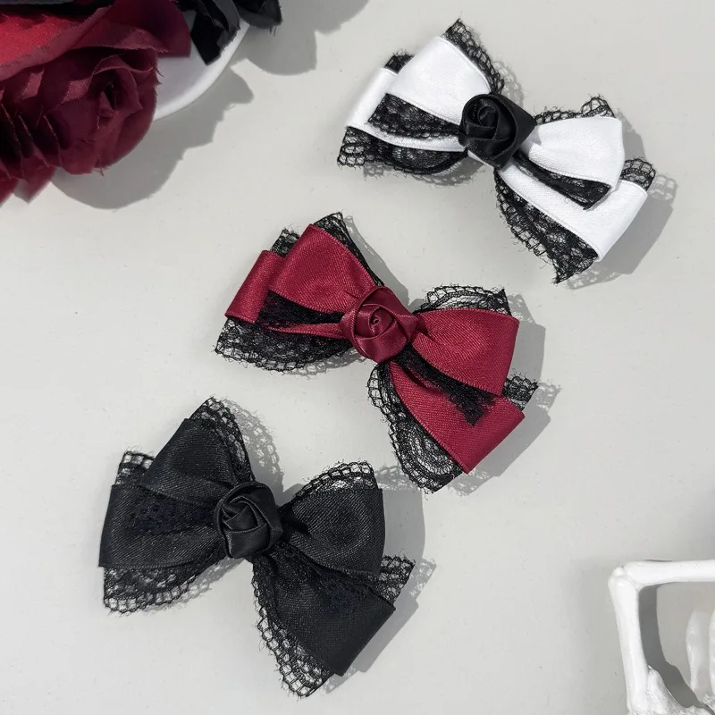 Niedliche Haarspangen mit Spitze und Schleife, modische Haar-Accessoires für Damen für den Alltag/Party/Lolita-Outfits (Schwarz/Rot/Weiß), Haar-Accessoires für Mädchen