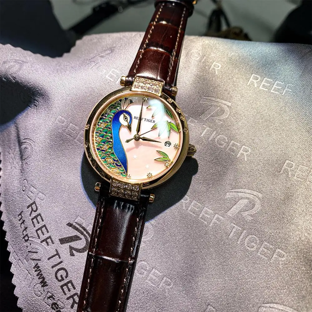 Luxus-Automatikuhr aus Roségold – Reef Tiger RT, Top-Marke, Tag- und Datumsfunktion, modisches Damen-Lederarmband RGA1587 Image