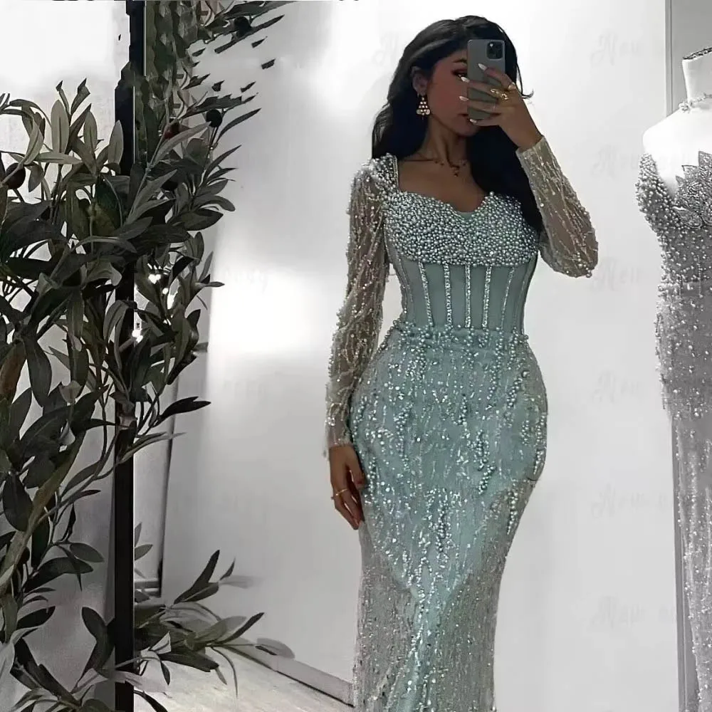 Maßgeschneiderte Luxus Mint Green Mermaid Prom Kleider Glänzende Perlen Kristall Pailletten Spitze Abend Party Kleider Pageant Robe Prom Kleider Image