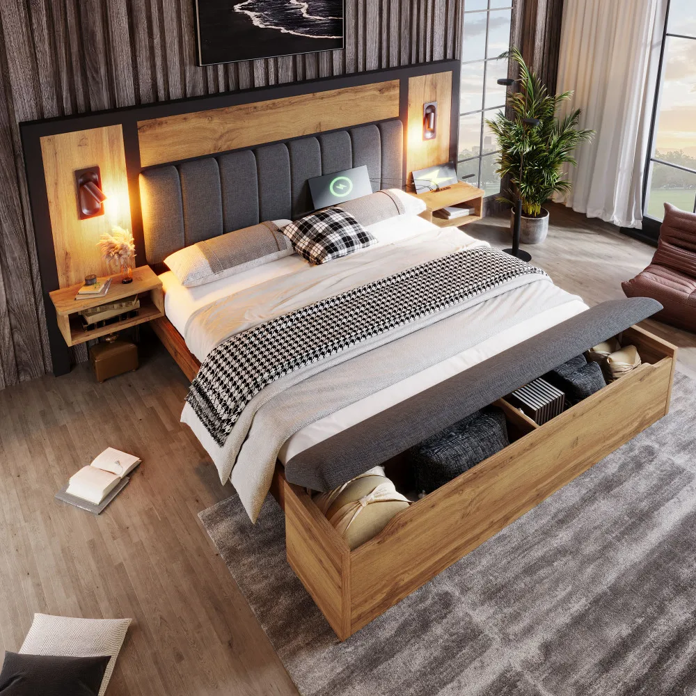 Gepolstertes Doppelbett 180×200, Bettgestell mit LED- und USB-C-Lade-Nachttisch, Ottomane-Bank mit Stauraum, Schlafzimmermöbel ohne Matratze Image
