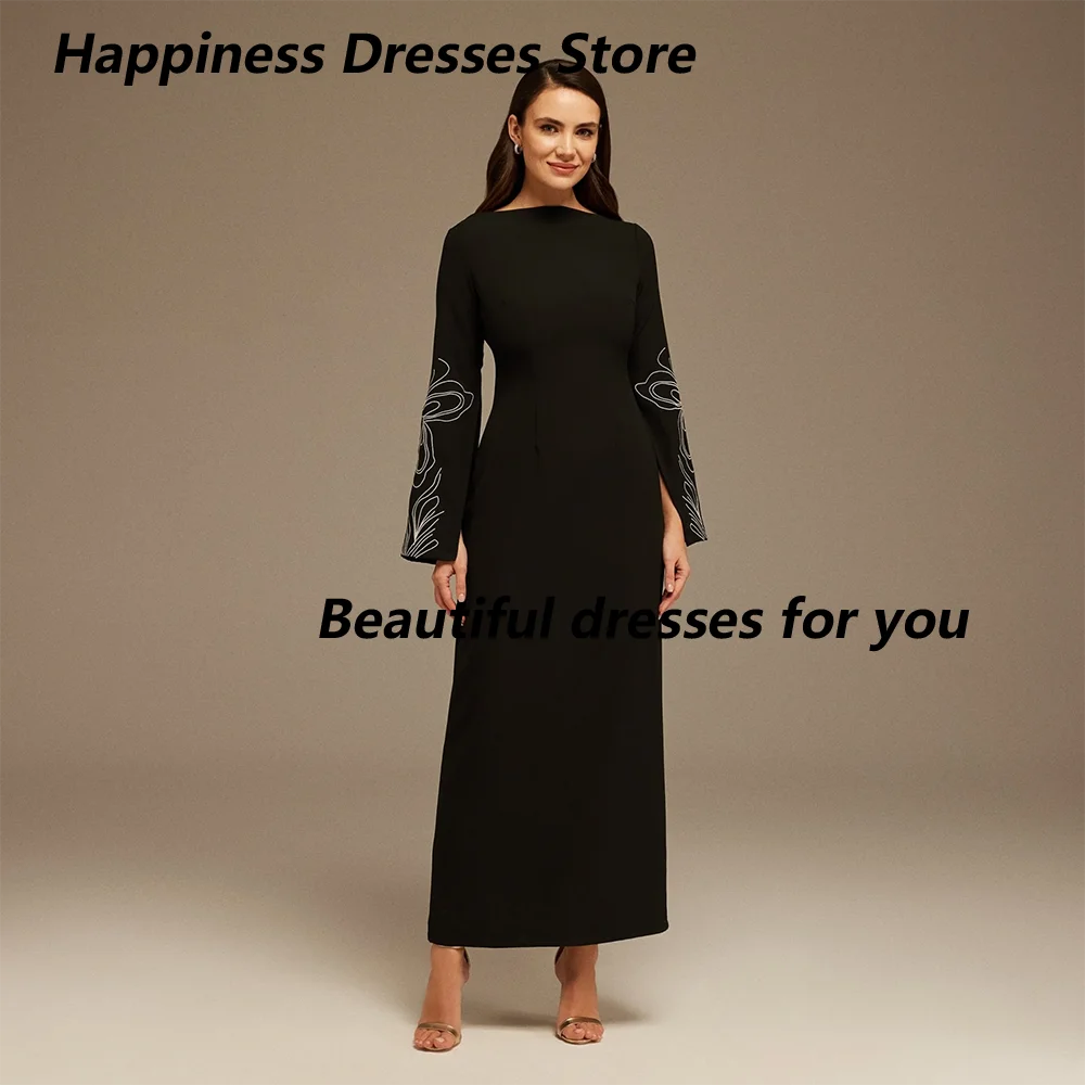 Black Evening Dress Customized Long Sleeves Ankle Length A Line Saudi Arabic Formal Occasion Dress Custom Size Evening Gowns