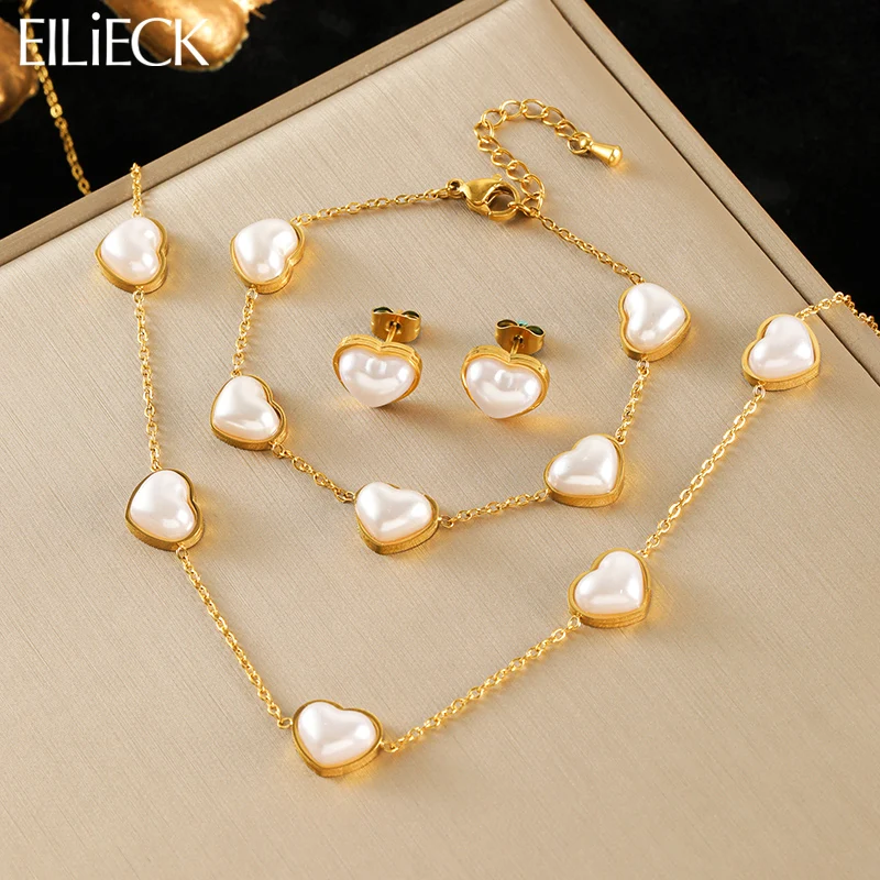 EILIECK 316L Edelstahl Herzförmige Perle Halskette Armband Ohrringe Set Mode Gold Farbe Wasserdicht Schmuck Dame Geschenk Image