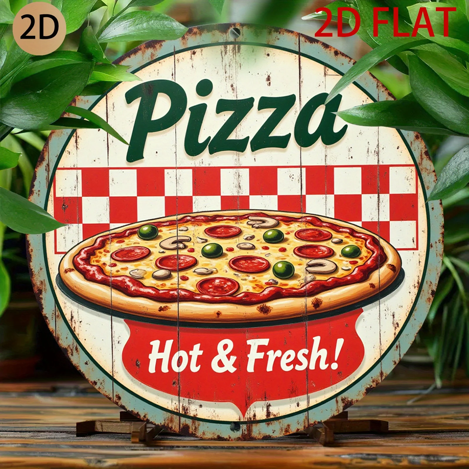 [2D Flach] Ein rundes Metallschild mit Vintage-Pizza-Motiv, perfekt für die Küche oder den Essbereich einer Pizzeria Image
