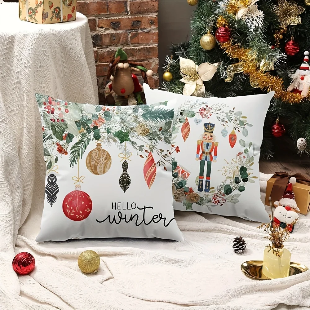 1-teiliges Set aus Nussknacker- und Winterkissenbezügen mit Weihnachtsmotiv, festliche Heimdekoration für Weihnachten und Winterferien Image