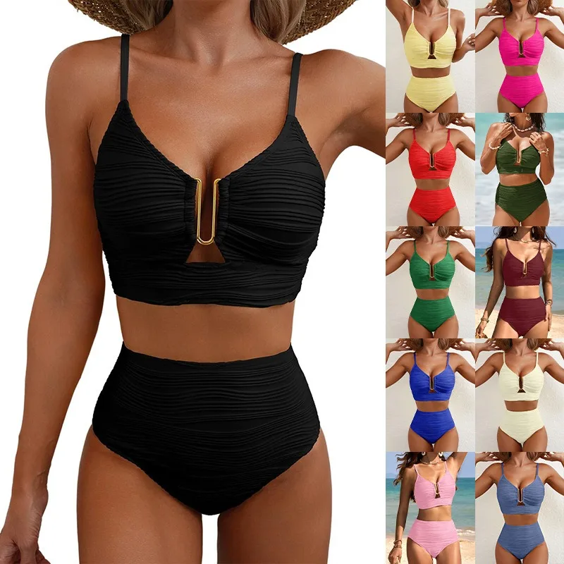 Neues Damen-Bikini-Set mit Metall-U-Ausschnitt, Cut-Outs, Push-Up, zweiteiliger Badeanzug, hoch tailliert, Bauchkontrolle, gerafft, Biquini Image