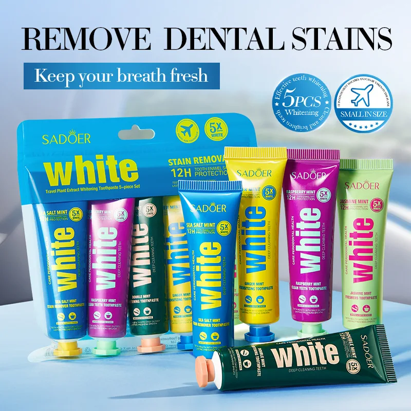 Reiseset mit 5 Zahnpasten auf Pflanzenbasis, Tiefenreinigung, frische Düfte, Zahnpflegeset für die Mundhygiene Image