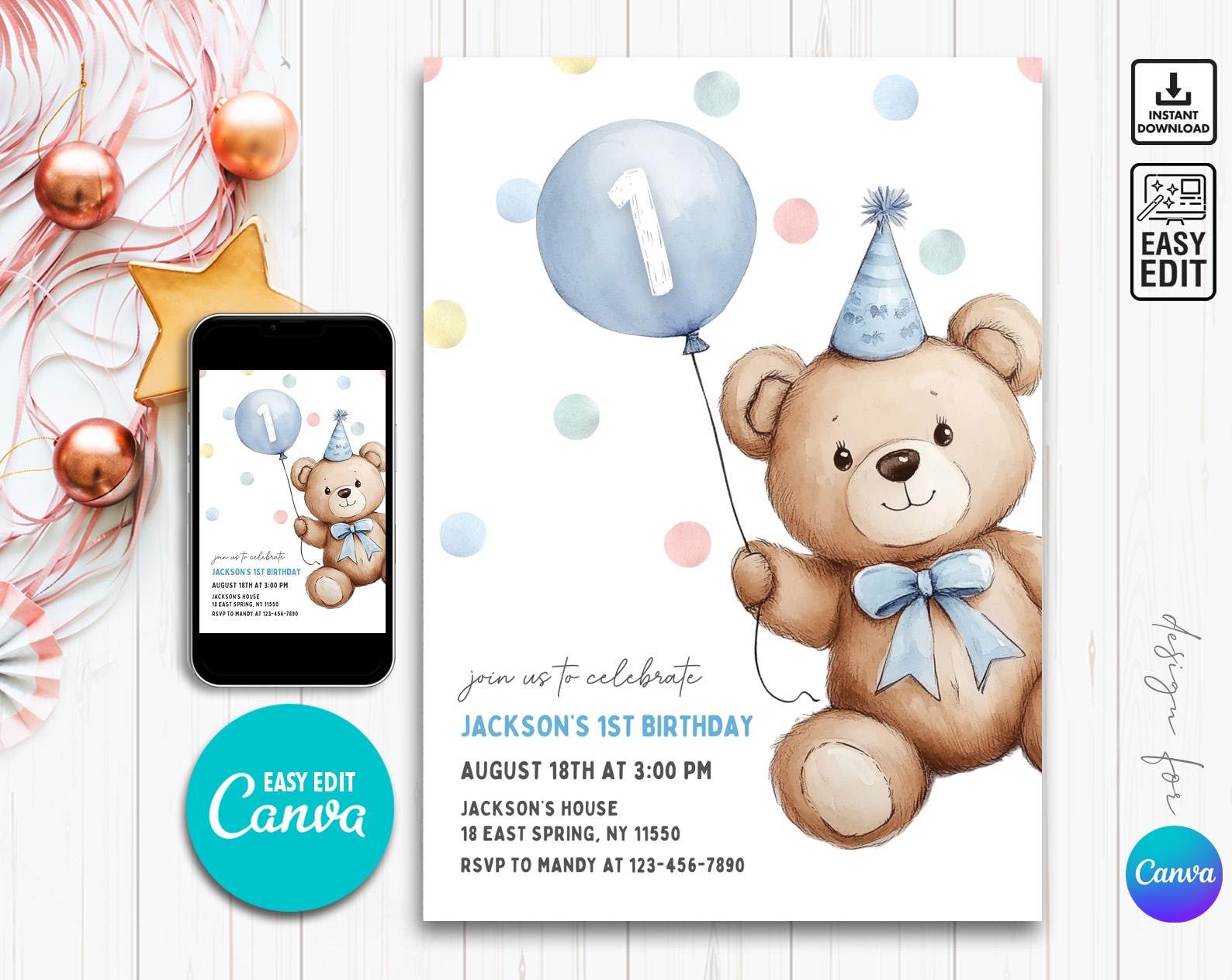 ETÀ MODIFICABILE Invito di compleanno Invito di 1o compleanno Invito di compleanno a forma di orsetto Invito di compleanno per bambini Invito di primo