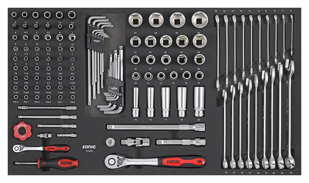 SONIC EQUIPMENT Steckschlüsselsatz Nuss und Schraubenschlüsselsatz 1/4 1/2 SFS-L 130-tlg. 213001