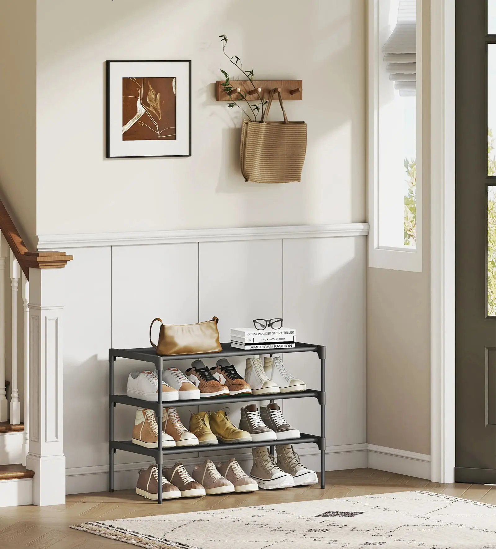 SONGMICS Schuhregal 3 Ebenen, Schuhaufbewahrung, Eingangsbereich, platzsparend, Metallrahmen, Vliesstoff-Ablage, schwarz Image