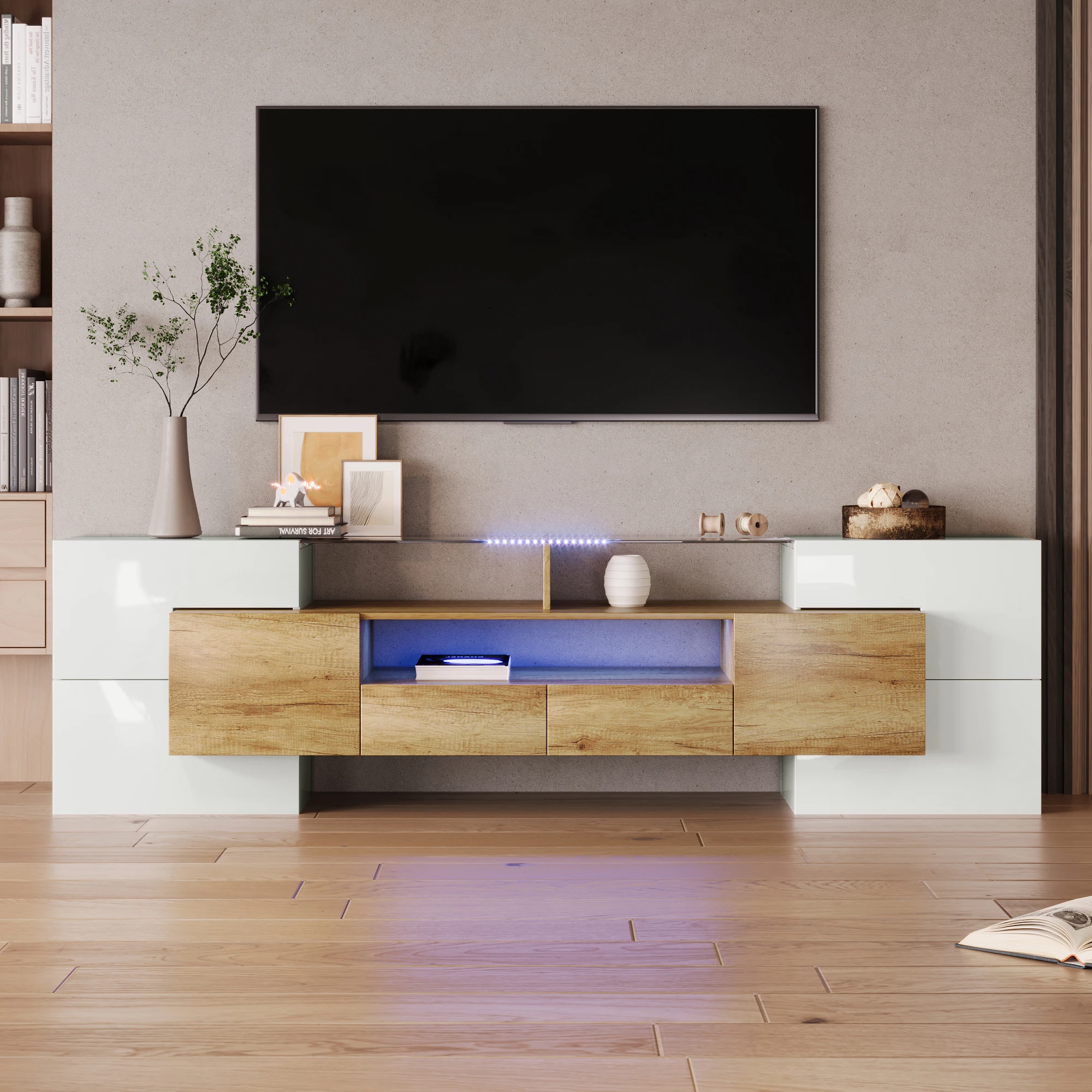 200cm Elegantes Stilvolles TV-Möbel, Lowboard Hochglanz Weiß, LED-Beleuchtung, Wohnzimmermöbel, Modernes Design, Glasoberfläche