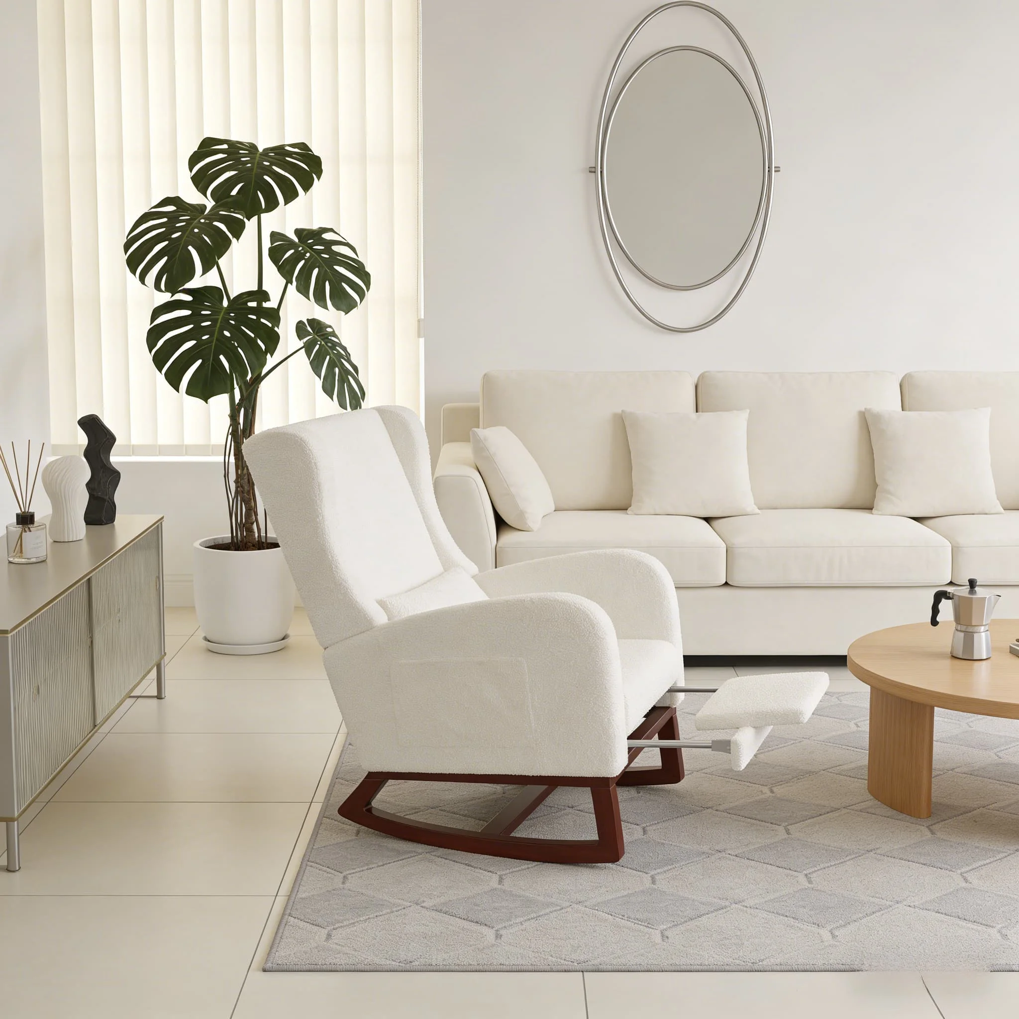 MGMYM Moderner Klappstuhl aus weißem Stoff mit Fußstütze, bequemer Sessel für Wohnzimmer oder Schlafzimmer Image