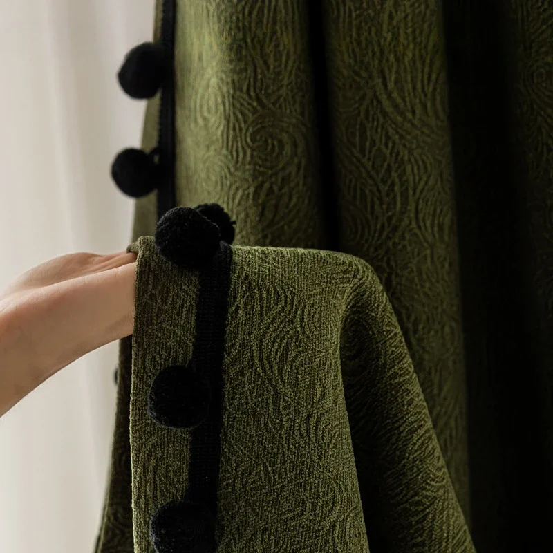 Französische Retro-Vorhänge aus dunkelgrünem Samt für Schlafzimmer, Wohnzimmer, Esszimmer, Jacquard-Verdunkelungs-Chenille, luxuriöse Vorhänge aus Tüll Image