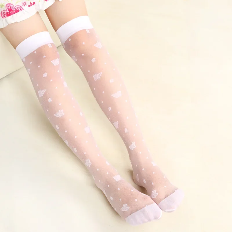 Frühling Sommer Mesh Seide Ultra-dünne Kniehohe Lange Socken Nette Kinder Mädchen Weiß Katze Schmetterling Druck Dance Lolita JK Strümpfe Image