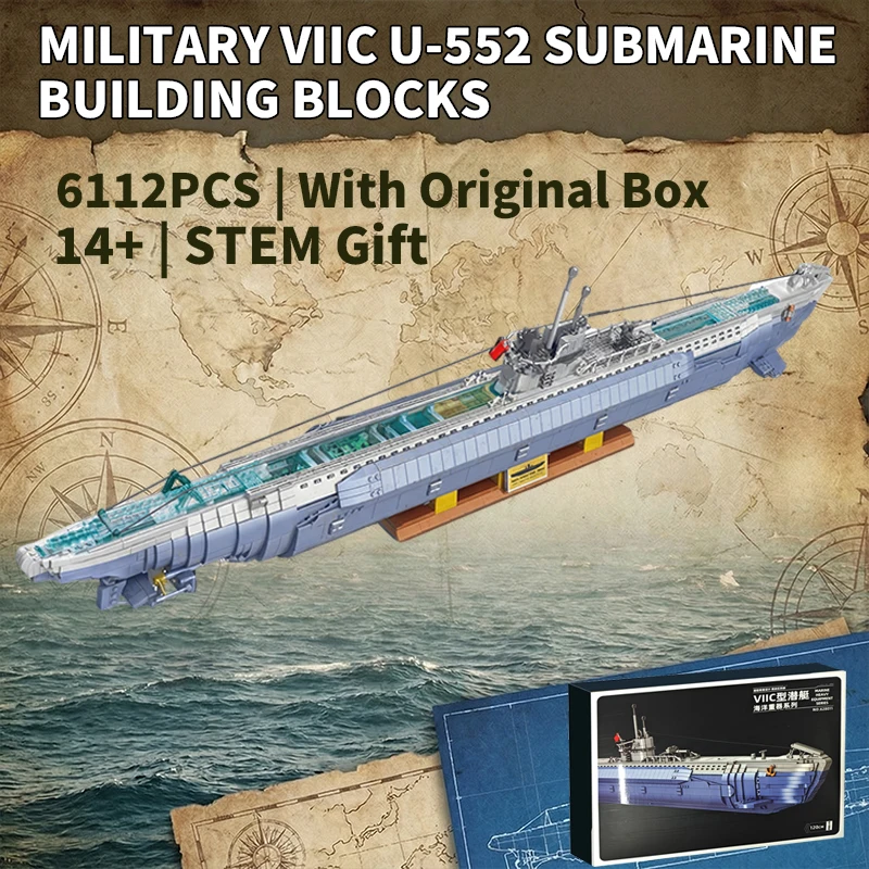 Klemmbausteine Militärisches German U-Boot VIIC U-552 Baukasten Technisches WW2 Schlachtschiff Kriegsschiff Modellbausatz Jungen Spielzeug Erwachsene Kinder Geschenk 6112 Teile Image
