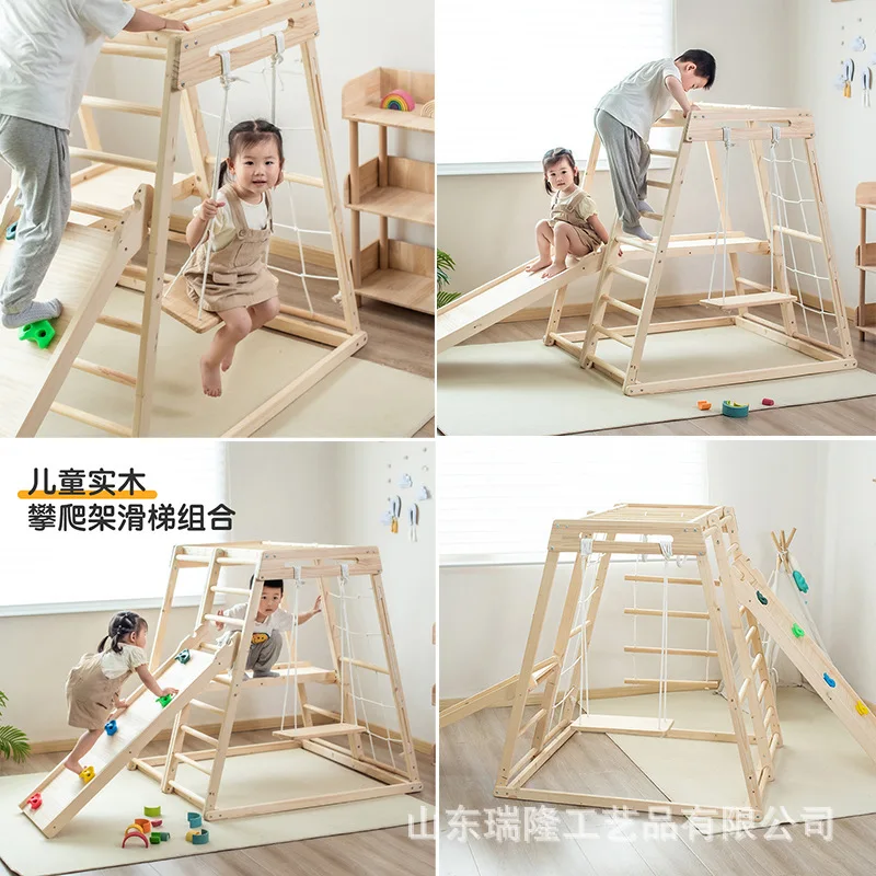 Kinder-Klettergerüst aus massivem Holz, Kombinationsset für den Innenbereich, Rutsche, Schaukel und Ring, Kindergarten-Klettergerüst Image