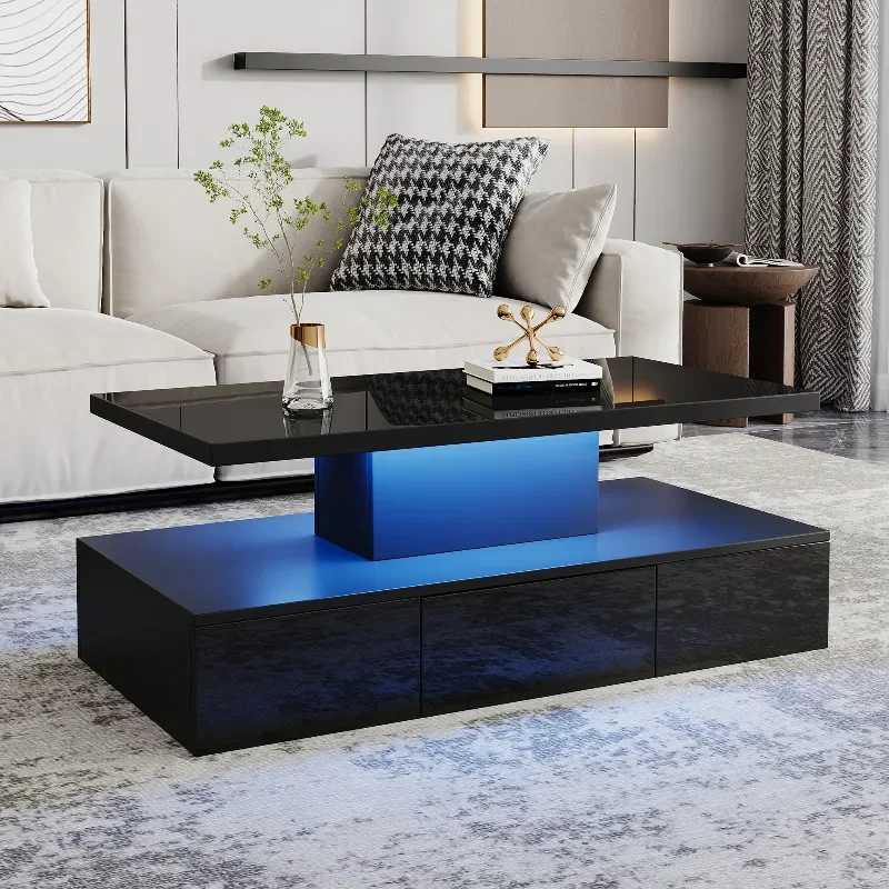 Doppelschichtiger Couchtisch für Wohnzimmer mit 16-farbigen LED-Leuchten, Hochglanz-Sofatisch, kleiner rechteckiger Couchtisch. Image