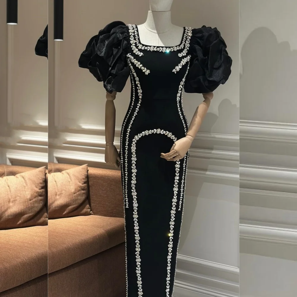 Customized Simple Jersey Pleat Sequined Straight Square Neck Long Dresses Bespoke Occasion Celebrity High Quality