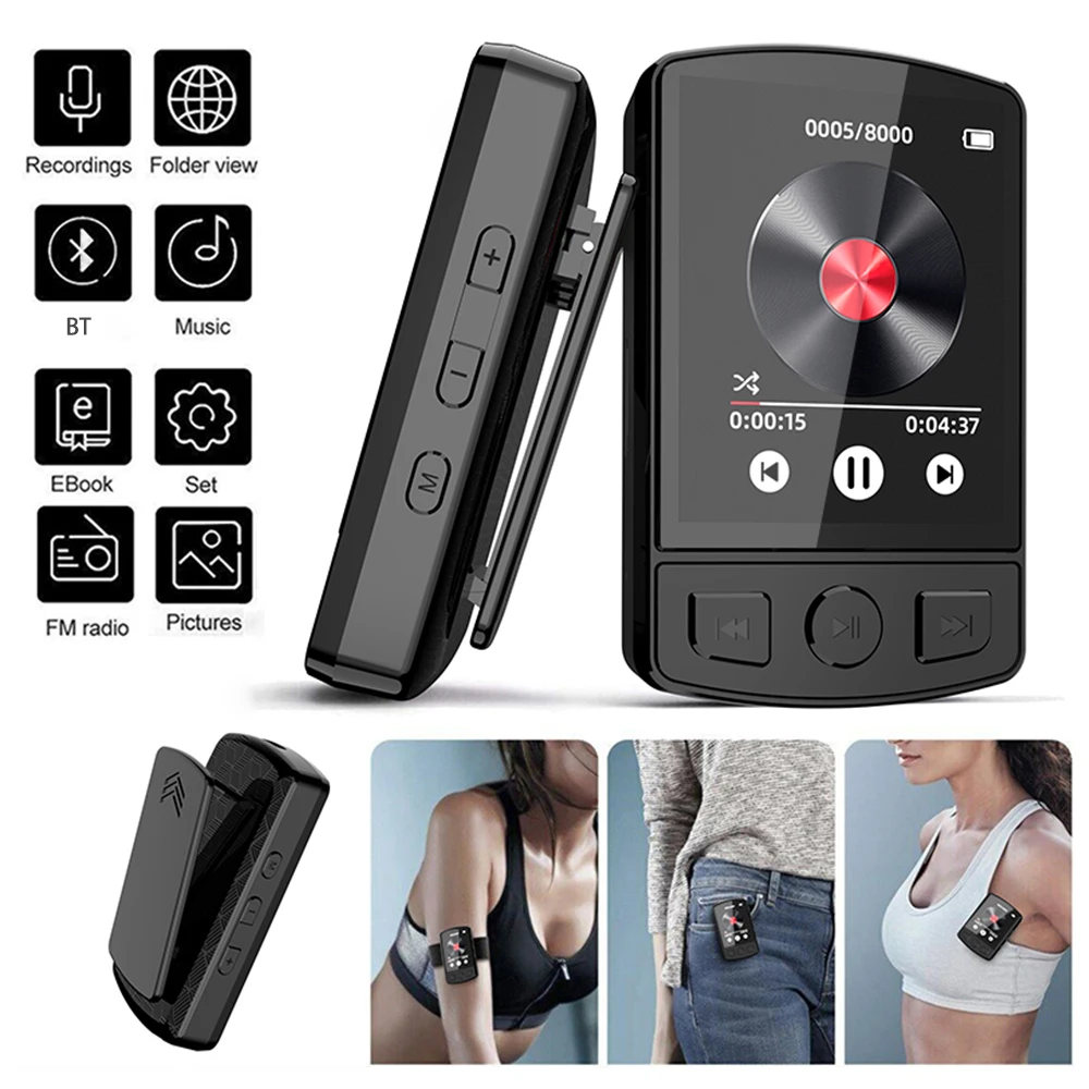 Lettore MP3 Bluetooth 5.2 Clip sportiva portatile Walkman per studenti Schermo da 1,77 pollici Lettore musicale HiFi Lossless con radio FM E-Book