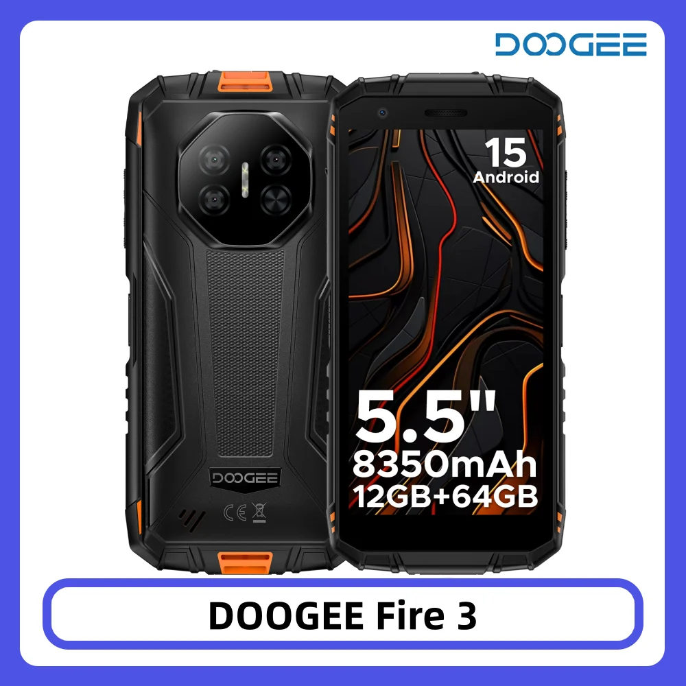 DOOGEE Fire 3 Robustes Smartphone 5,5" HD+ Display 12GB+64GB 8350mAh Akku 13MP Kamera Widevine L1 NFC IP68 Android 15 Smartphone