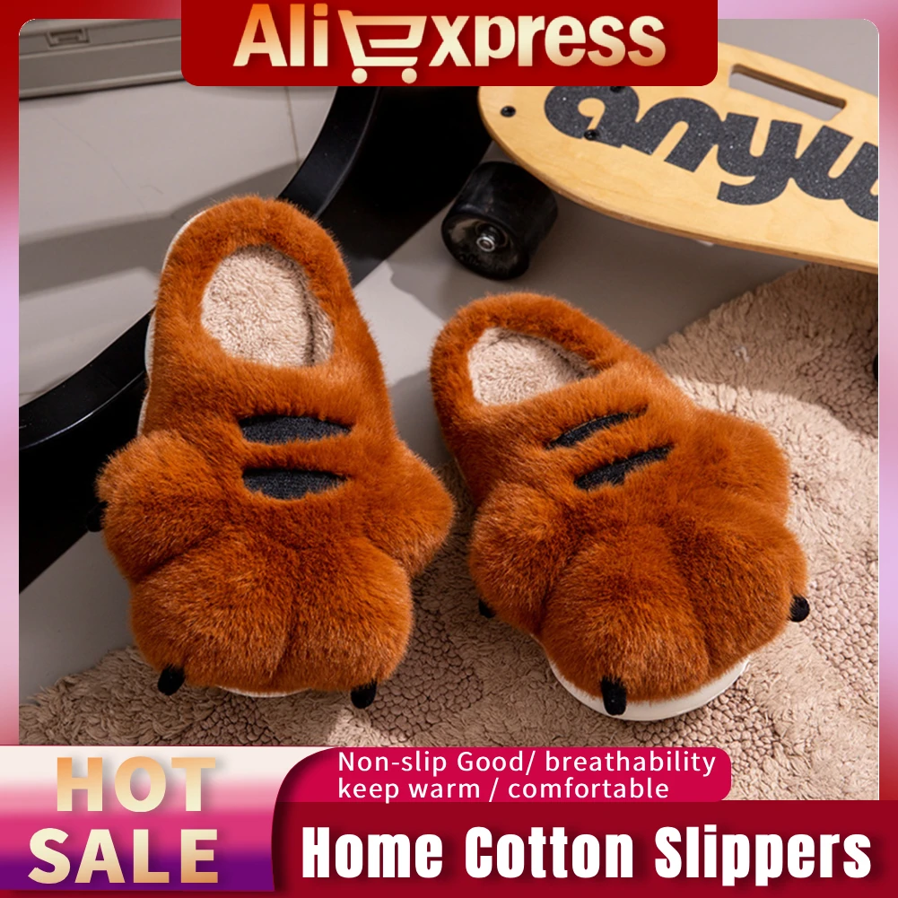 Tiger Paw Plüsch-Hausschuhe, flache Thermo-Hausschuhe, bequeme pelzige Pfote, Paar-Hausschuhe, rutschfest, niedliche Pfoten-Hausschuhe für Männer und Frauen