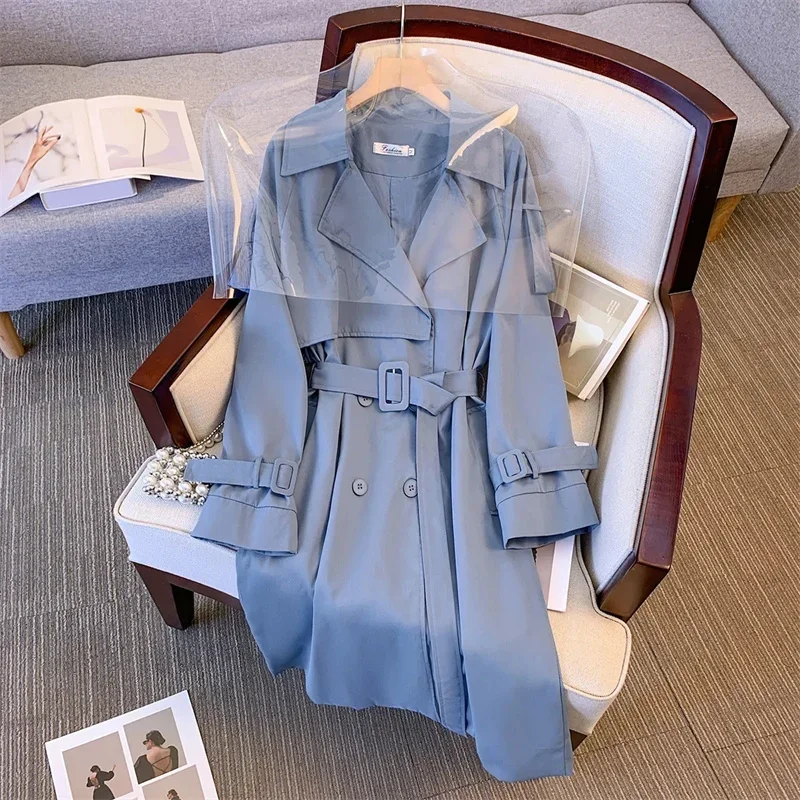 Frühling Frauen Mid-Länge Blau Trenchcoat Mit Gürtel Koreanische Casual Zweireiher Revers Langarm Elegante Weibliche Windjacke