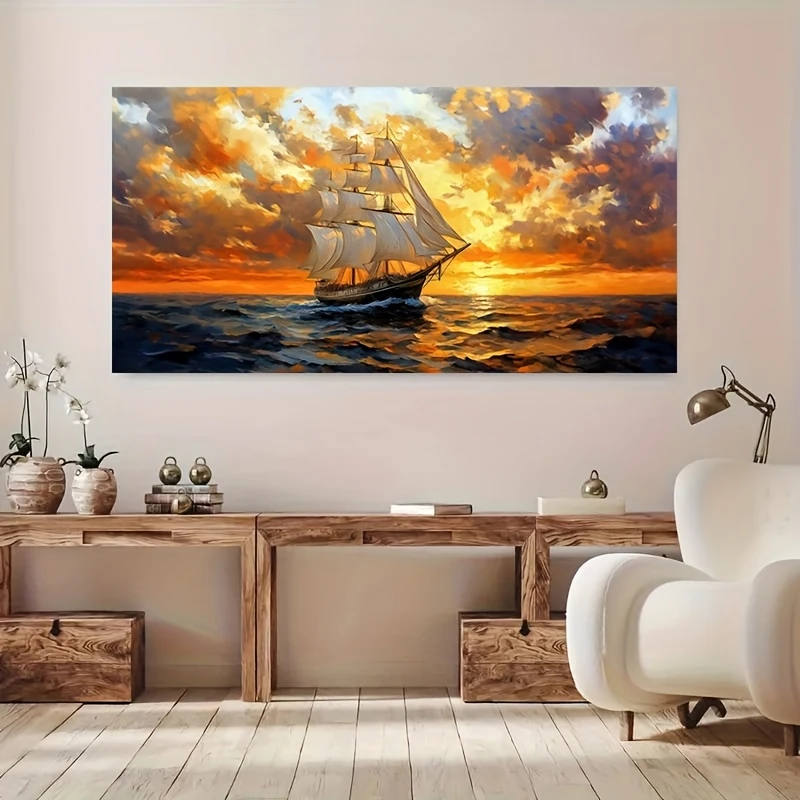 Sonnenuntergang, Segelboote auf dem Meer, Poster und Druck, schöne Meereslandschaft, Leinwandgemälde, Wandkunst, Bild für Wohnzimmer, Heimdekoration Image